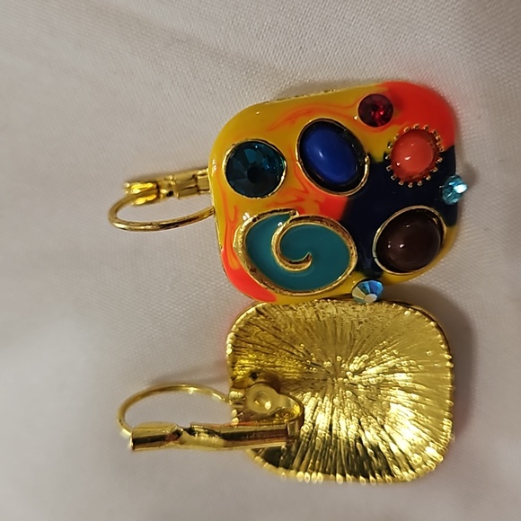 Retro 1980s Enamel & Rhinestone Handmade Earrings - Picture 3 of 4